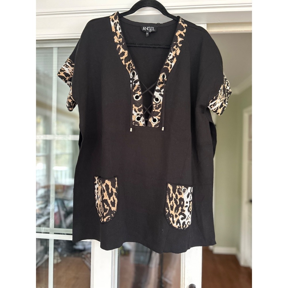 NWT Angel Apparel Leopard Lace-Up Top XL Black Oversized Tunic Pockets $255